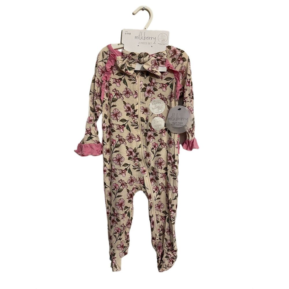 Milkberry Bamboo Hibiscus Floral Long Sleeve Footed Onesie with Headband 6-9 Mo
